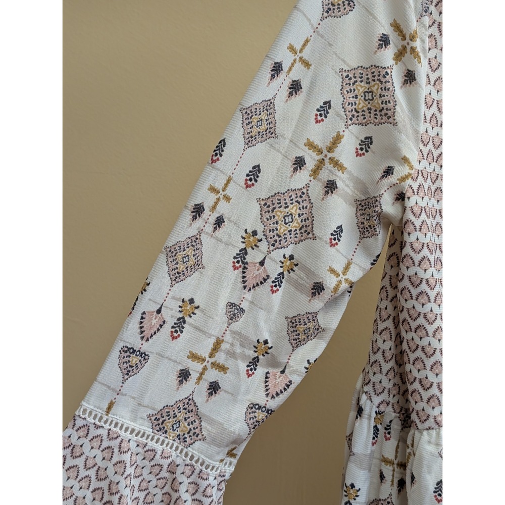 Style & Co Peplum Boho Peasant Blouse M Bell Sleeve Tassel Tie Mixed Print Indie - Picture 5 of 14